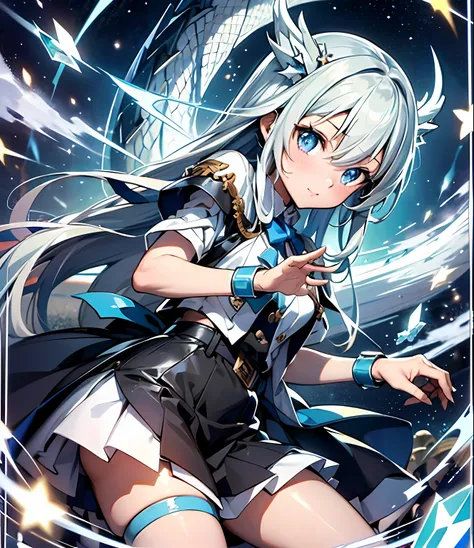 masutepiece、Ultra-high-definition digital art、(遊☆戯☆王)、1girl in、Iridescent hair、straight haired、High School Uniform、(遊☆戯☆王デュエルディスク)、Crystal clear skin、kawaii eyes、、perfect hand、intricate detailes、sharpnes、遊☆戯☆王カード、Blue-eyed white dragon、((Blue-eyed white dr...