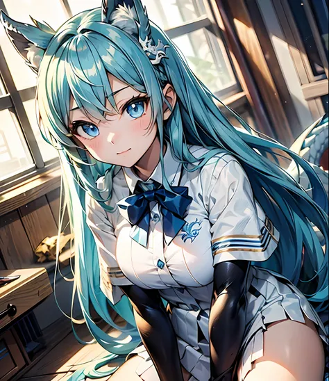 masutepiece、Ultra-high-definition digital art、(遊☆戯☆王)、1girl in、Iridescent hair、straight haired、High School Uniform、(遊☆戯☆王デュエルディスク)、Crystal clear skin、kawaii eyes、、perfect hand、intricate detailes、sharpnes、遊☆戯☆王カード、Blue-eyed white dragon、((Blue-eyed white dr...