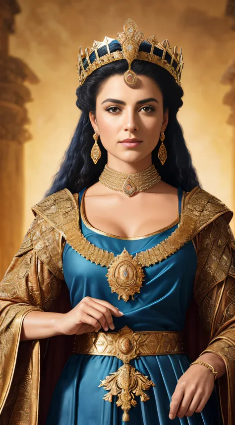 {a majestic queen artemisia i of caria, her regal attire adorned with symbolic military embellishments, her stern gaze embodying...