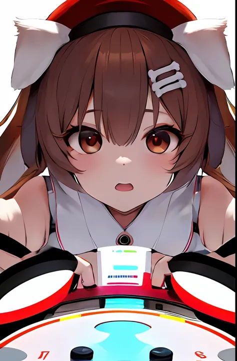A solo shot featuring ik2, 1girl, inugami korone, white shirt, brown skirt, hat, animal ears  a DJ, showcasing her skills on the turntables