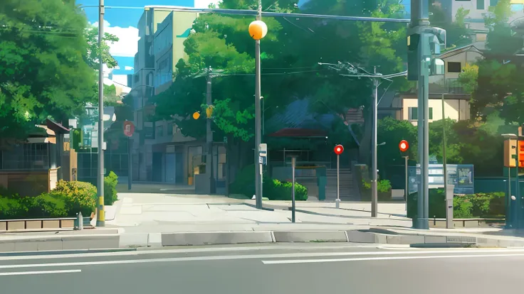 there is a street painting with traffic lights and stone walls, anime scene, makoto shinkai's style, anime landscapes, makoto sh...