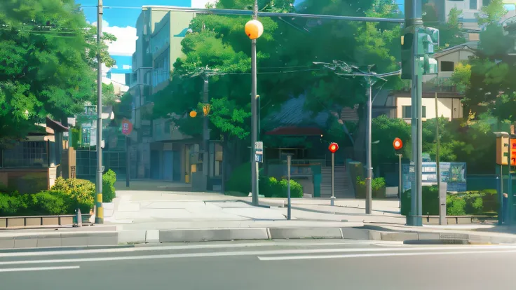 there is a street painting with traffic lights and stone walls, anime scene, makoto shinkai's style, anime landscapes, makoto sh...