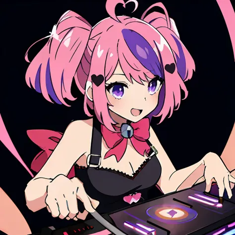 pink hair
purple hair
multicolored hair
streaked hair
heart ahoge
ahoge
bell
bow
purple eyes a dj, showcasing her skills on the ...