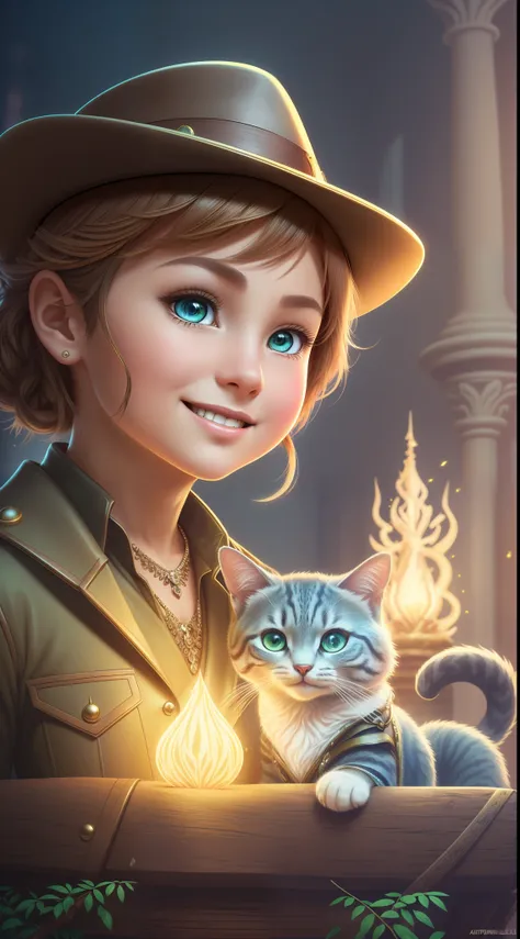 luminous, cinematic, 64k super detail, close-up fantasy, researcher, cute animal and adorable smiling anthropomorphic cat indian...