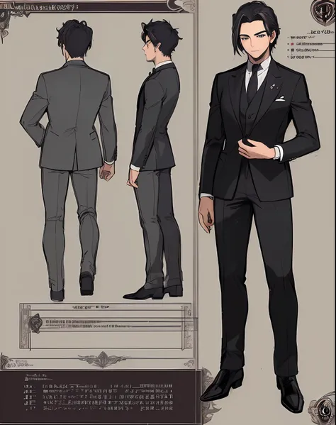 ((Masterpiece))), (((Best Quality))), ((Ultra-detailed)), (very detailed illustration), cinematiclight,, 1 guy ((Character Sheet)), (Concept art), ((full - body)), (Masterpiece: 1.2), (Best Quality: 1.3), 1 guy standing Guy in a formal suit . Dark hair, b...