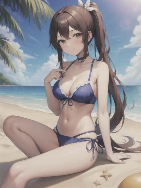 High quality, Best Quality, masutepiece, absurderes, Swimsuit, 1girl in,masterpiece, top-quality, Hi-Res, 独奏, girl with, Marl, The long-haired, Low Ponytail,Low ponytail、length hair, brown haired, brown-eyed, bangss, hair between eye, Hair bow, (running:1...