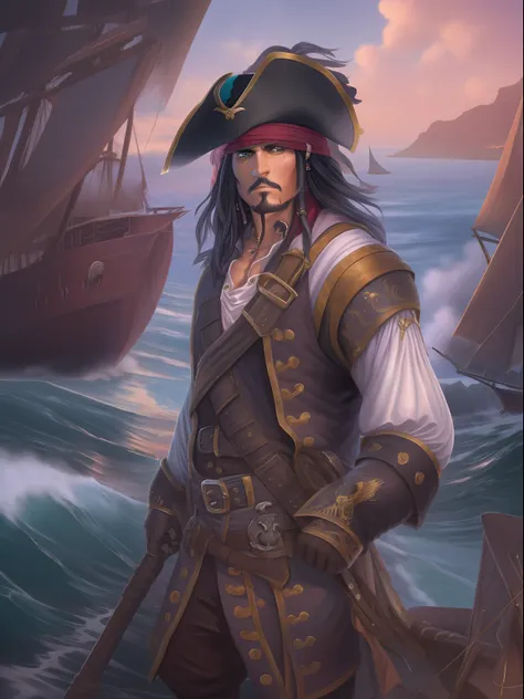 "create a breathtaking fullbody masterpiece featuring a captivating pirate character with black hair, a patch over his right eye...