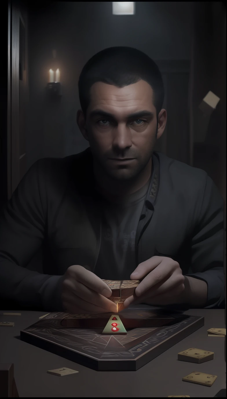 ((Melhor Qualidade, 8K, Obra-Prima: 1.3)), 1boy, (Placa Ouija na Mesa: 1.2), Vela na parede e na mesa apagadas: 1.1,