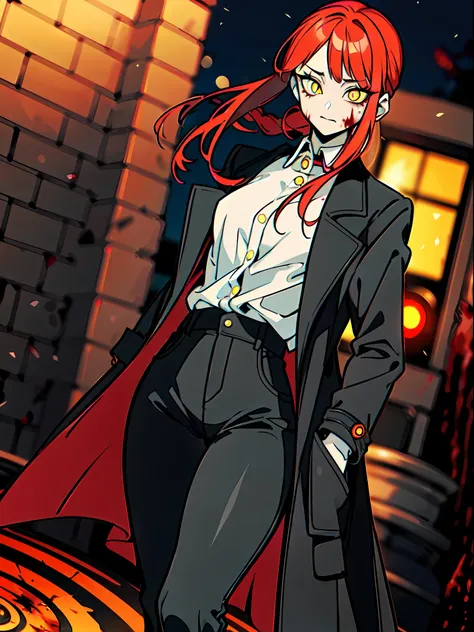 ((masterpiece)), slim, ((pale skin)), (bokeh effect), (dynamic angle), (blurry background:1.3), (female:1.3), red hair, (glowing_eyes:1.4), yellow_eyes, (spiral pupils:1.3), (horror:1.4), (blood:1.2), (dark:1.4), ((solo)), ponytail, (open coat:1.2), (long ...