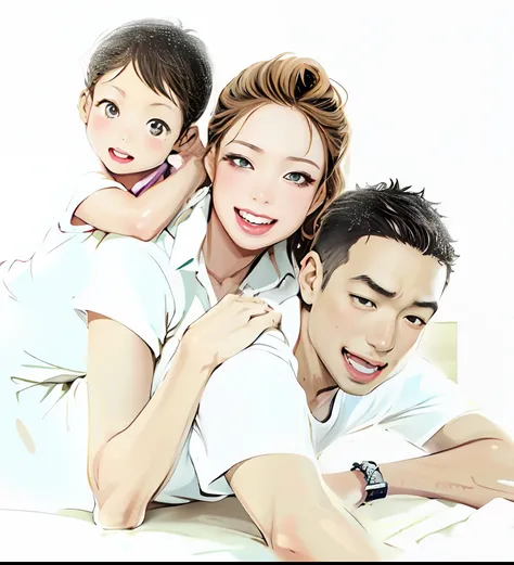 Two-dimensional style,style of anime,big breasts beautiful,A detailed,high qulity,8K,The family poses for a photo wearing white shirts and jeans, Happy family, husband wife and son,