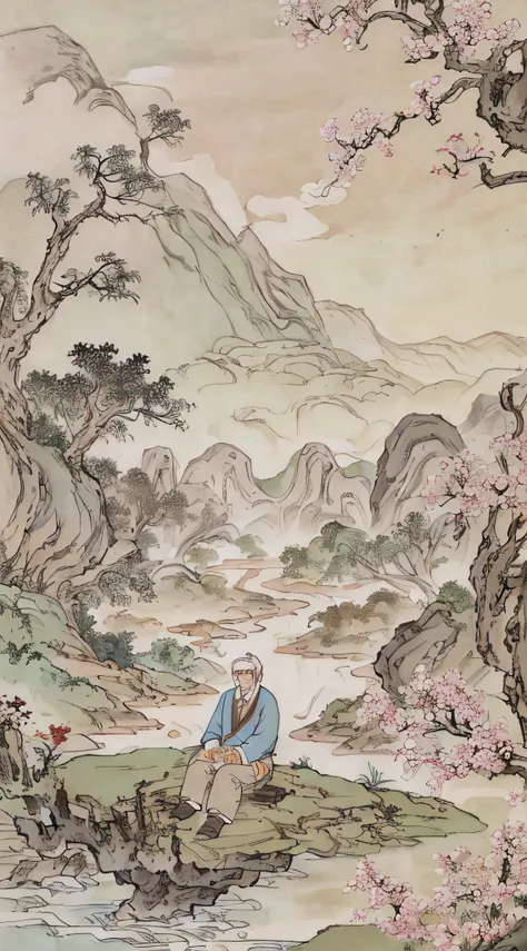 chinese painting, mountain, rock, flower, grass, river, tree, mountain in the distance, (sitting old man), (walking farmer), van...