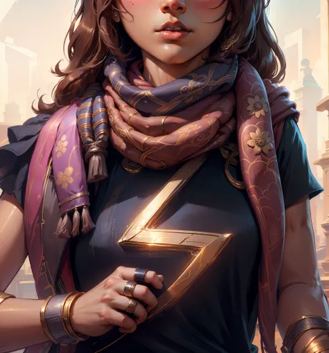 kamala khan, ms. marvel, frist, close hand, rings, braslet, floral scarf, black shirt, electric symbol, detail hand, close hand,...