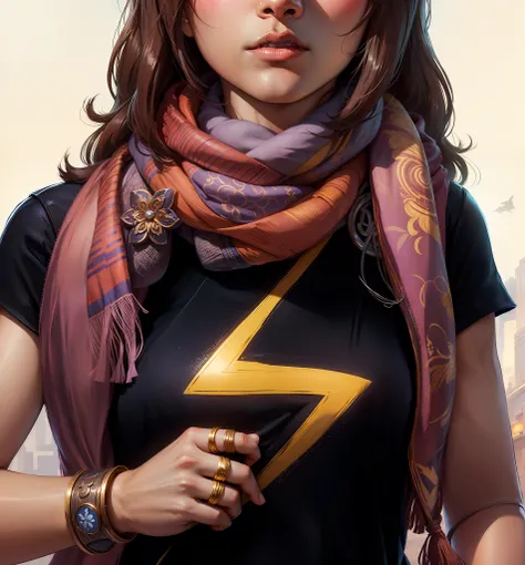 kamala khan, ms. marvel, frist, close hand, rings, braslet, floral scarf, black shirt, electric symbol, detail hand, close hand,...