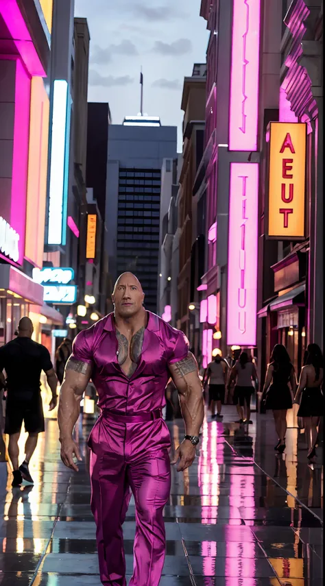 (The rock) Dwayne johnson shines in a mesmerizing Barbie pink gown as he confidently struts along the lively downtown street.