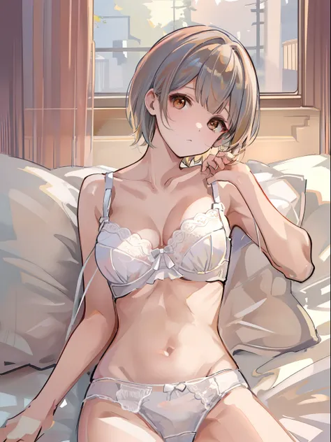 1 girl in、gentle expression、short hair. pale brown hair and brown eyes.unwear、in one's underwear only、white bra、white panties. (...