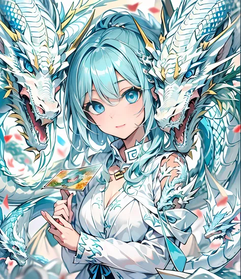 masutepiece、Ultra-high-definition digital art、(遊☆戯☆王)、(遊☆戯☆王デュエルディスク)、fullllbody、Crystal clear skin、kawaii eyes、、perfect hand、intricate detailes、sharpnes、遊☆戯☆王カード、Blue-eyed white dragon、((Blue-eyed white dragon in front of girl:1.5))、Lift the Card High to ...