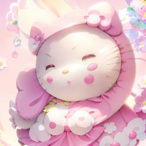 "hello kitty with a cute expression, wearing a pink bow, surrounded by pastel-colored flowers and floating balloons."