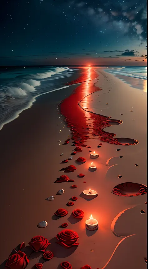 exquisite scene, shallow depth of field, 8k, beach at night, in the coral sea, red roses, roses, a path paved with shiny stones ...