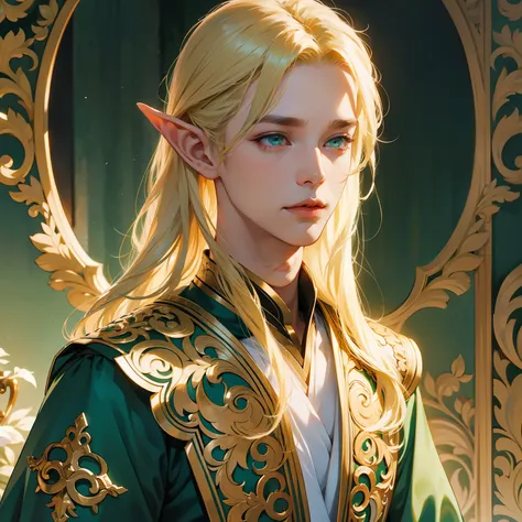 filigree，realisticlying，1boy ，独奏，long blonde hair，green eyes，elf prince，delicate facial features，