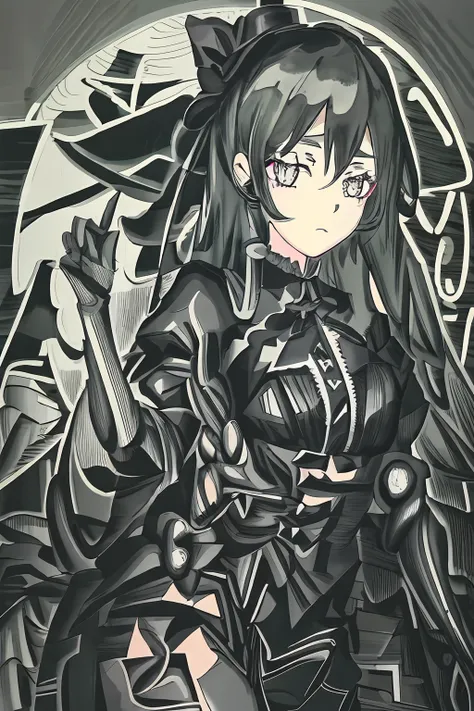 Anime girl in black hat and black dress, intense black line art, thick black lineart, Line sketch!!, yandere intricate, intense line art, Outlined!!!, thick line art, black sketch, thick outline, heavy outline, outlines, dark outlines, zerochan art, detail...