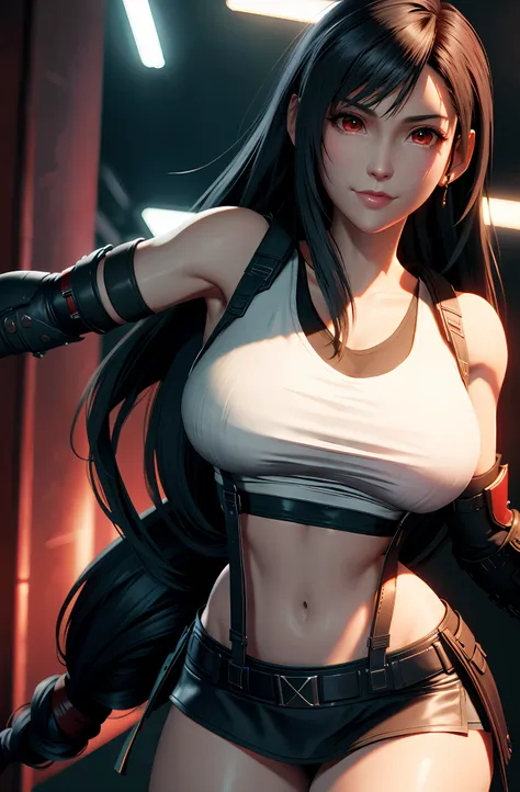 tifa lockhart, tifa_lockhart,  ff7, sultry face, (white tank top:1.5), black latex miniskirt, (black long hair), hair bangs (red...