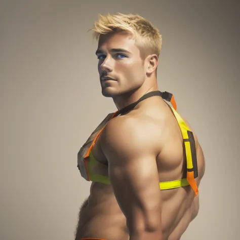 a naked handsome rugged and fit construction worker in a white jockstrap, with short blonde hair, with a toned physique wearing ...