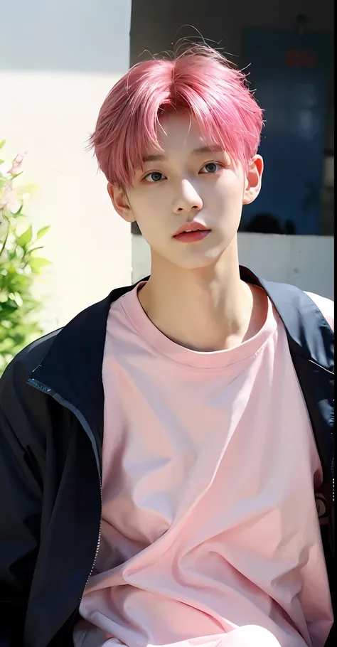 （handsome chinese guy：1.5）pink hair，anime boy with blue eyes and pink shirt, inspired by yanjun cheng, guviz-style artwork, guvi...