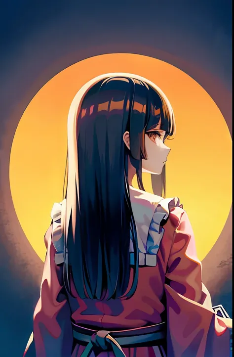 Obra maestra, la mejor calidad, 1chica, houraisan kaguya, cabello largo, templo budista, expresion reflexiva, cabello negro, ojos rojos dangaronpa, ropa japonesa, mangas largas, pelo de uy largo, monjes alrededor meditando, mirando al templo, templo japone...