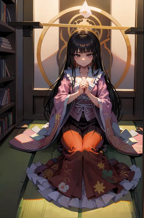 Obra maestra, la mejor calidad, 1chica, houraisan kaguya, cabello largo, templo budista, expresion neutra, cabello negro, ojos rojos dangaronpa, ropa japonesa, mangas largas, pelo de muy largo, monjes alrededor meditando, mirando al templo, templo japones,...