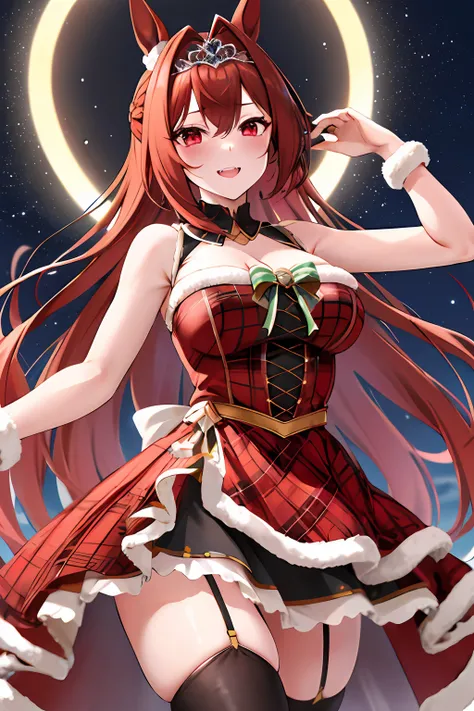 4K,​masterpiece, top-quality, Hi-Res, 1girl, Marl, 独奏, Daiwa scarlet(umamusume), Daiwa Scarlet，brown haired, Red gloves, tiarra, {{{Tiara on the head}}}, RED dress, Very long hair, black thighhighs, Tsukunoshi, sleeveless, red eyes, cleavage of the breast,...