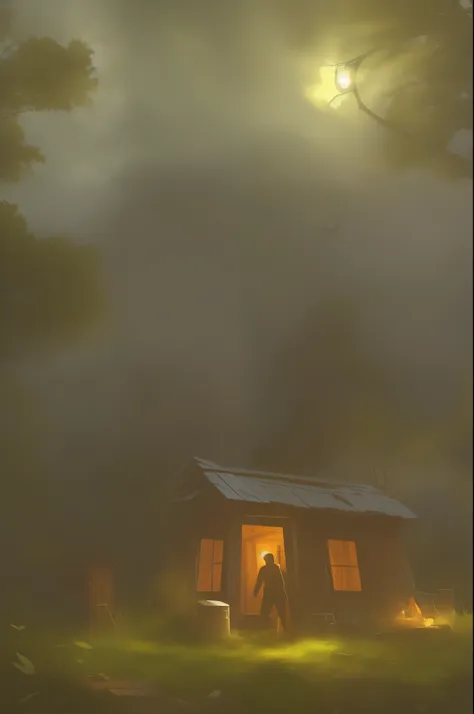 wooden shack in the woods, person in background, uncanny feeling, dystopian horror setting, eerie atmosphere, isolated character...