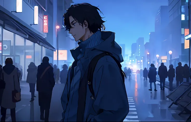 Anime - A stylish image of a man in a blue jacket standing in a crowded city, animeaesthetic, young anime man, Handsome anime pose, Tall anime guy with blue eyes, 4K anime wallpaper, anime wallaper, Anime wallpaper 4K, Anime wallpaper 4 k, Male anime style...