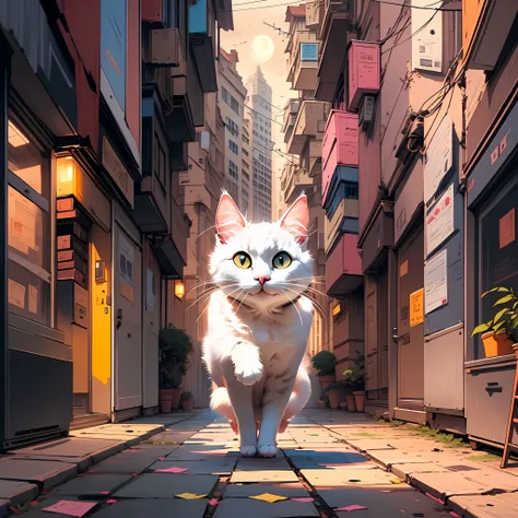 a white cat， fluorescent pink，largeeyes， tmasterpiece， moon full， alleys