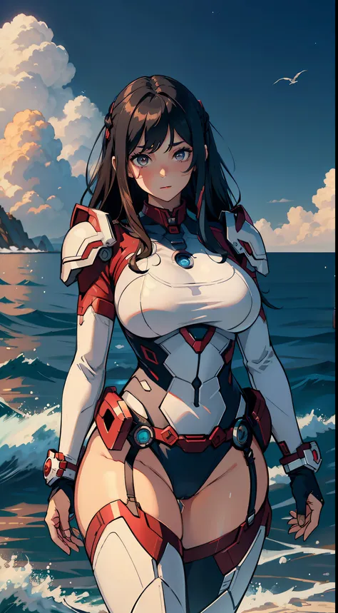 1female，16 yaers old，huge breasts， no headwear，独奏， blue iron man uniform，the sea，at winter season，blizzard，white court costume， ...