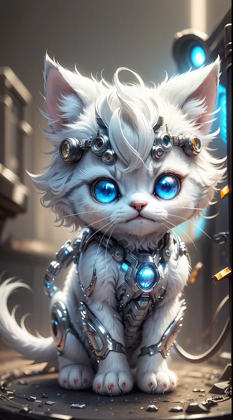A cute metallic white fur kitten，(Cyborg:1.1)，([Tail|detailed wire]:1.3)，(complexdetails)，hdr，(complexdetails，ultra - detailed:1.2)，Cinema lenses，Halo shadow，at centre，White-haired kitten！！！，red colour，ssmile，Funny，crystal，brightly，shaggy，