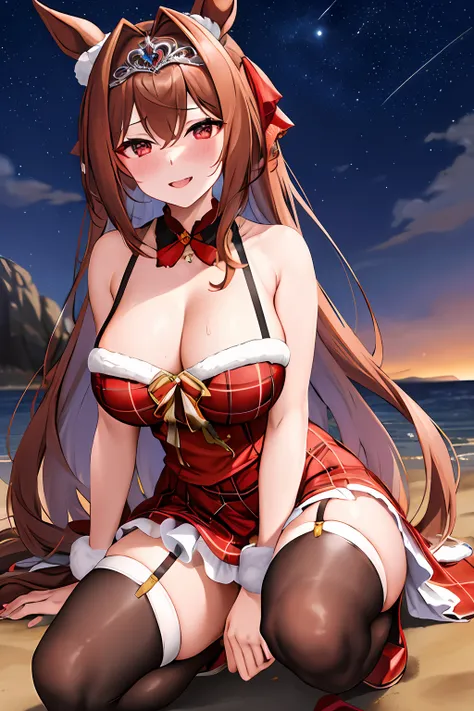 4K,​masterpiece, top-quality, Hi-Res, 1girl, perspiring，Amazing sweat，horse ear, 独奏, Daiwa Scarlet(umamusume), brown haired, tiarra, {{{Tiara on the head}}}, RED dress, Very long hair, black thighhighs, Tsukunoshi, sleeveless, red eyes, cleavage of the bre...
