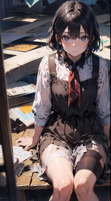 a girl, sitting on, Side Shot, (deserted:1.3), (巨作, Top Quality, Near and far law, Depth-of-field:1.5), the clouds, seas, beautifull face, thights, from below view, 8K, Raw foto, absurdist, impressionists, (Tom Thomson, Claude Monet, Joaquin Sorolla, Jam...