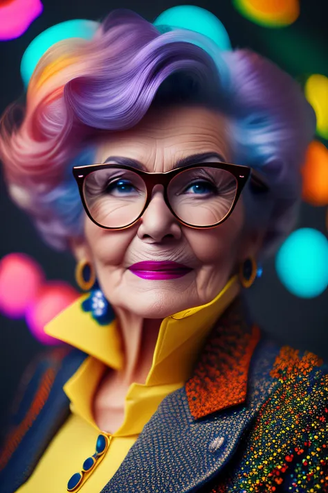 (fashionista portrait an older, elderly, european face, with yellow glasses and a flower in her hair, 1950s with intricate moder...