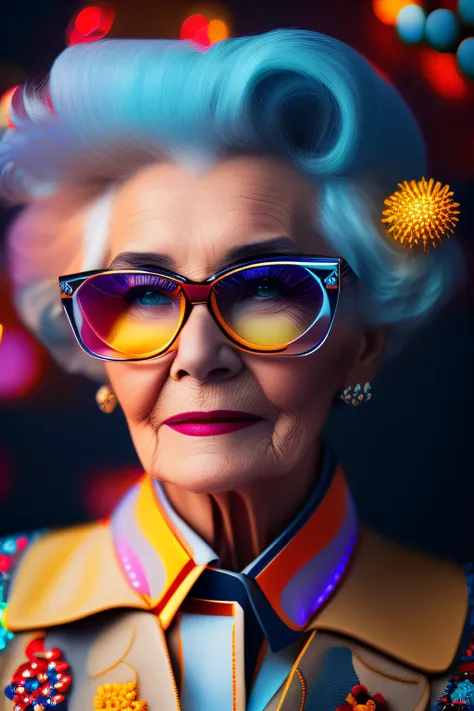 (fashionista portrait an older, elderly, european face, with yellow glasses and a flower in her hair, 1950s with intricate moder...