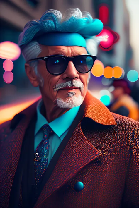 (fashionista portrait old american man, 1950s with intricate colorful modern bright colored glasses), c0lorful cute hair, smilin...