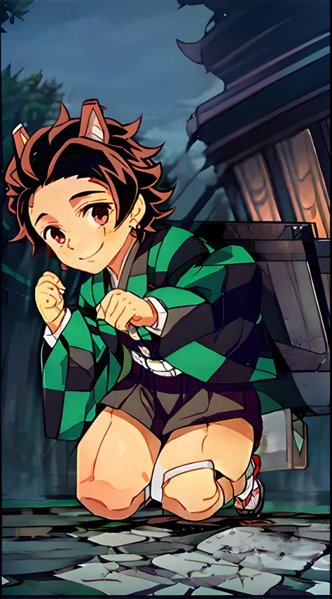 Masterpiece, Best Quality, High Resolution, Venus1, 1Boys, Solo, Kamato Tanjiro, Brown Hair, Checkered Belt, No Gag, NO Gag, Haori, Japanese Clothing, Kimono, Looking Forward at Sunset Smiling, Red Eyes, Solo, Full Body, Front, Bokeh Background (85mm Lens)...