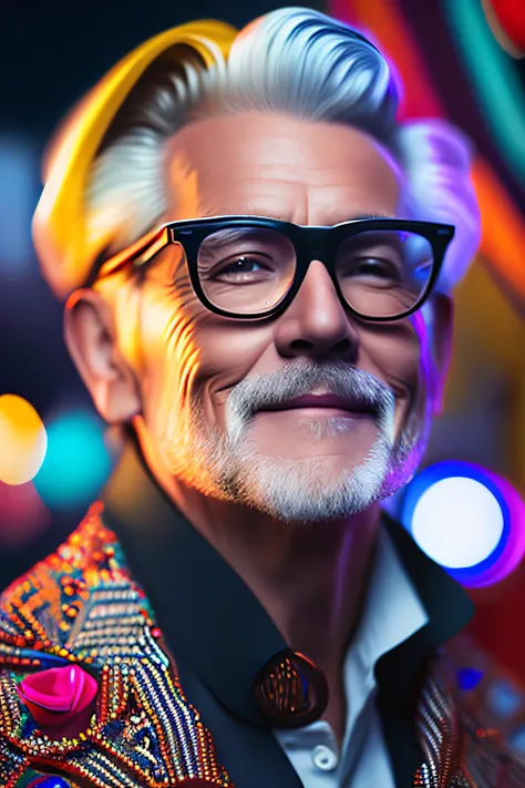 (fashionista portrait middle-aged man of the 1950s with intricate colorful modern bright colored glasses), hair with flowers, sm...