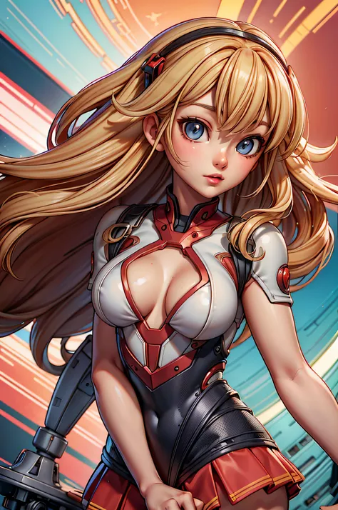 concept art, front angle of a young teen, perfect eyes, wearing sexy short red mini skirt and tight white t-shirt, blonde hair styled as long curly hair, equirectangular 360, Highres, [(art by Willi Baumeister:1.1), (art by John T. Biggers:1.2)::17], offic...