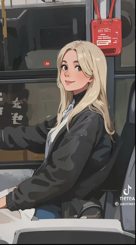 "Loira, smile, Garota loira, sitting on the bus, jaqueta preta."