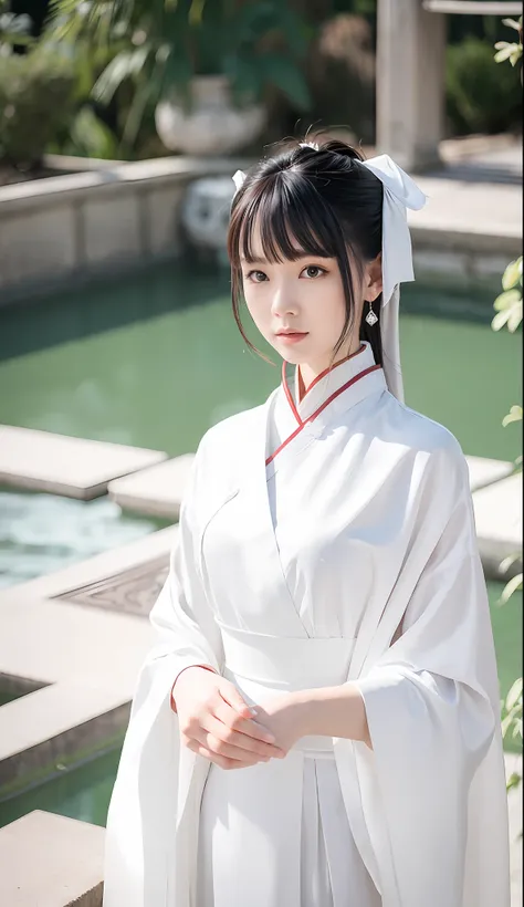 arafed woman in a white dress and a white shawl, hanfu, white hanfu, palace ， a girl in hanfu, wearing ancient chinese clothes, ...