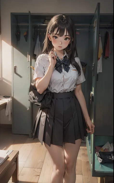 locker room, 1girl, school uniform, holding clothes,, masterpiece, best quality, highly detailed