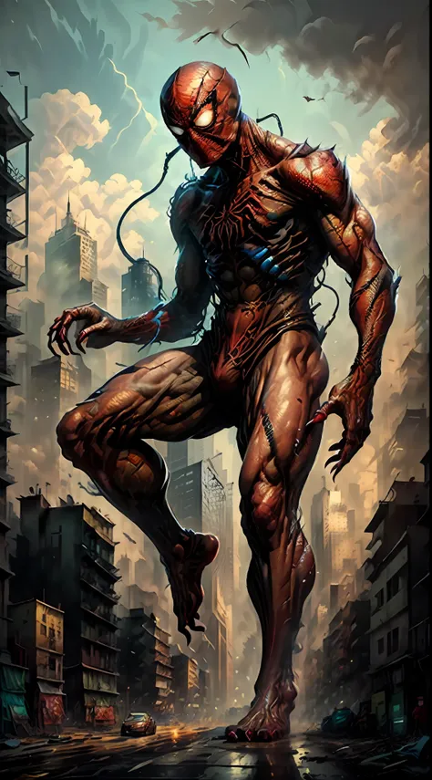 (8k, best quality, masterpiece:1.2), ultra realistic, masterpiece, solo, slum city backdrop, full body, monster, detailed backdrop, standing, spiderman