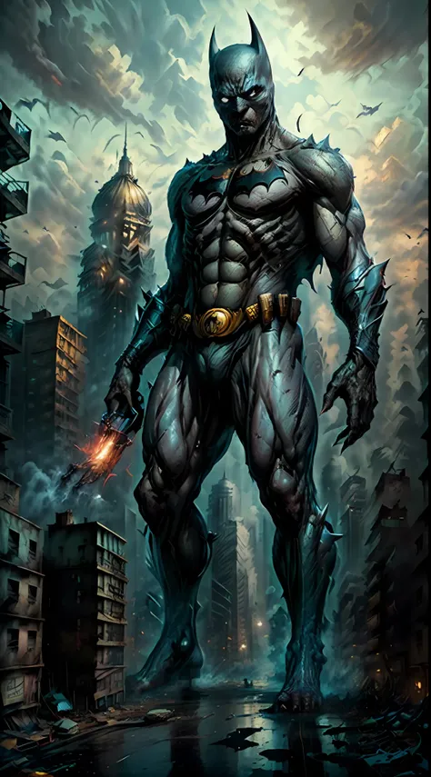 (8k, best quality, masterpiece:1.2), ultra realistic, masterpiece, solo, slum city backdrop, full body, monster, detailed backdrop, standing, batman