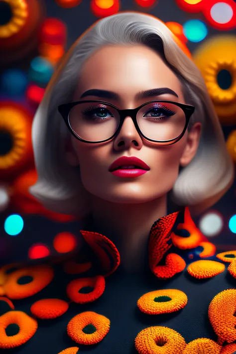 (retrato fashionista realista, rico em detalhes, uma mulher francesa, mais velha, idosa, rosto europeu, with yellow glasses, 195...