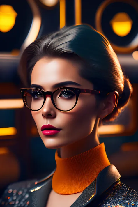 (retrato fashionista realista, rico em detalhes, uma mulher francesa, mais velha, idosa, rosto europeu, with yellow glasses, 195...